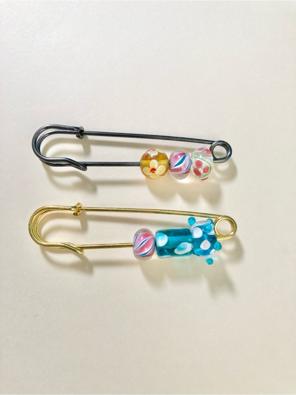 Large Safety Pin Set with Colorful Glass Beads - Gold & Black